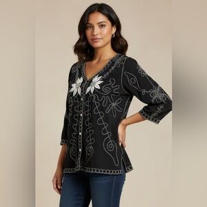 Once Again Embroidered Black Women's Top